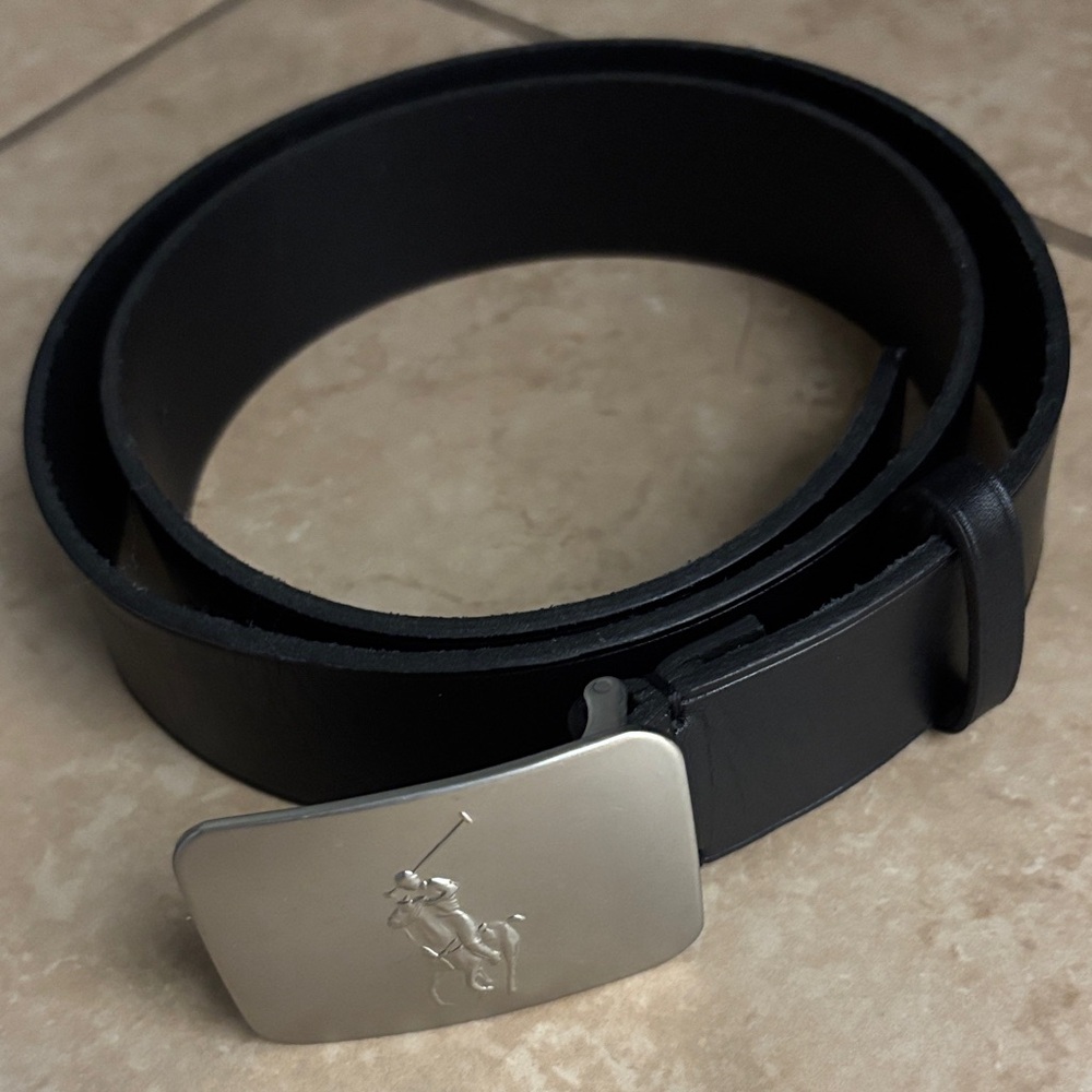 Polo by Ralph Lauren Big Pony Black Leather Belt with Silver Logo Buckle